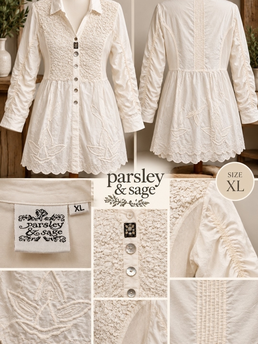 Parsley & Sage Ivory Embroidered Boho Tunic Blouse Top XL
